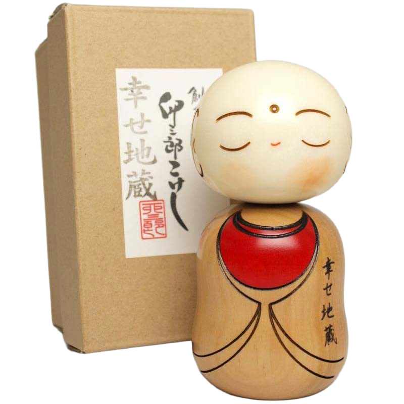Kokeshi Jizo pop met doos, vrijstaand